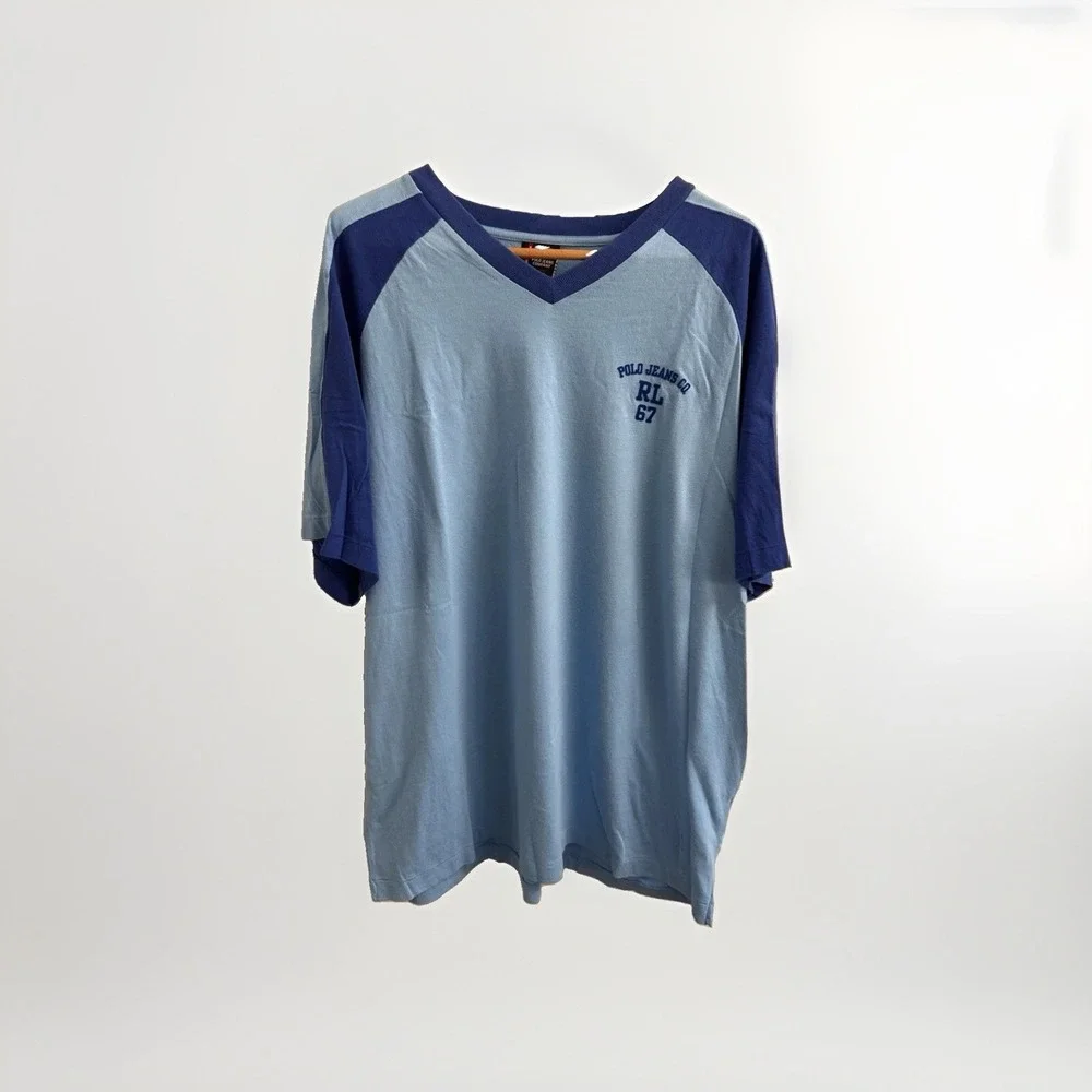 NWT Vintage Y2K Ralph Lauren Polo Jeans Co Logo V-neck T-shirt Size XL Blue